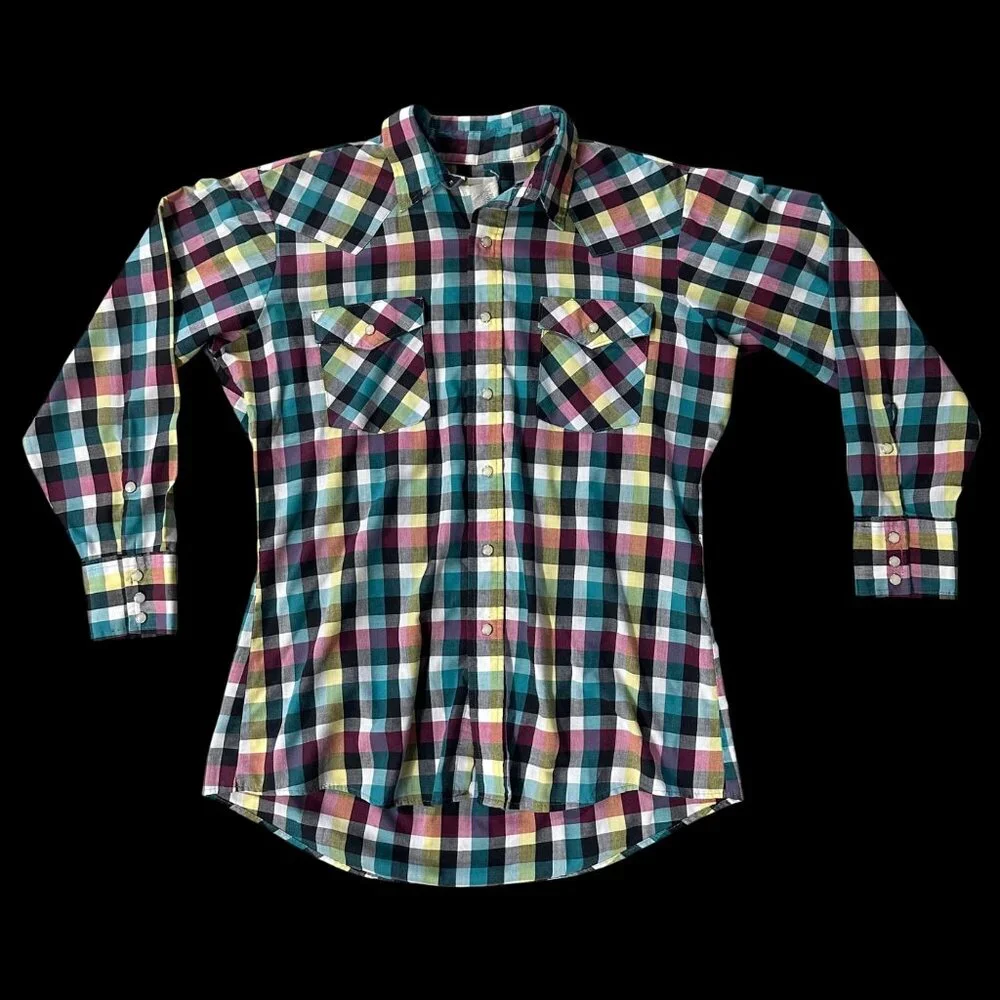 Vintage Saddle King Western Pearl Snap Plaid Shirt Cotton USA Made Teal Pink M/L - Picture 2 of 7